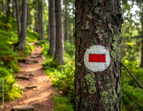 Hiking trail in the mountain forest with a hiking mark on the tree trunk