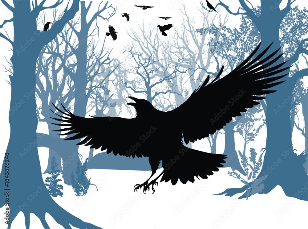 Fototapeta premium black raven in forest on white background