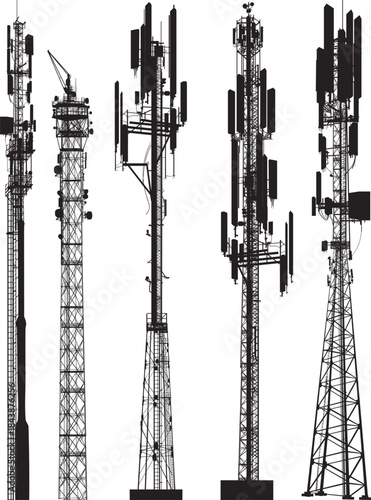 set of five antenna silhouettes on white background