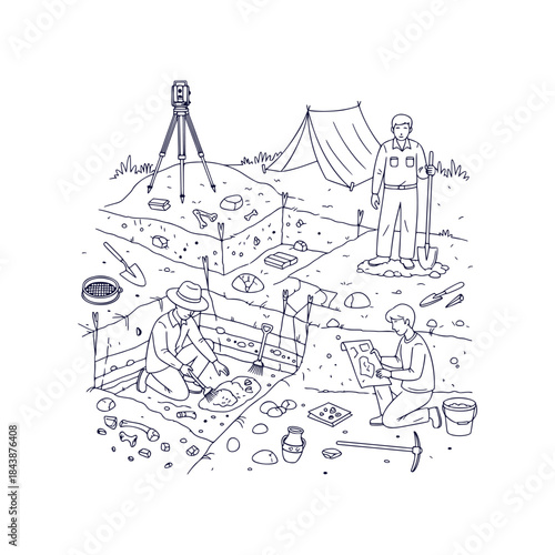 Professional Archaeological Fieldwork Adventure Expedition Research Discovery Team Vector Illustration