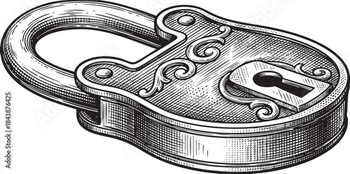 Vintage Ornate Padlock Vector Engraving | Classic Security Antique Line Art