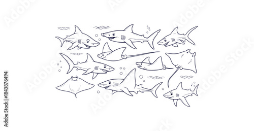 Dangerous Ocean Predator Shark and Friendly Manta Ray Marine Wildlife Vector Illustration Set
