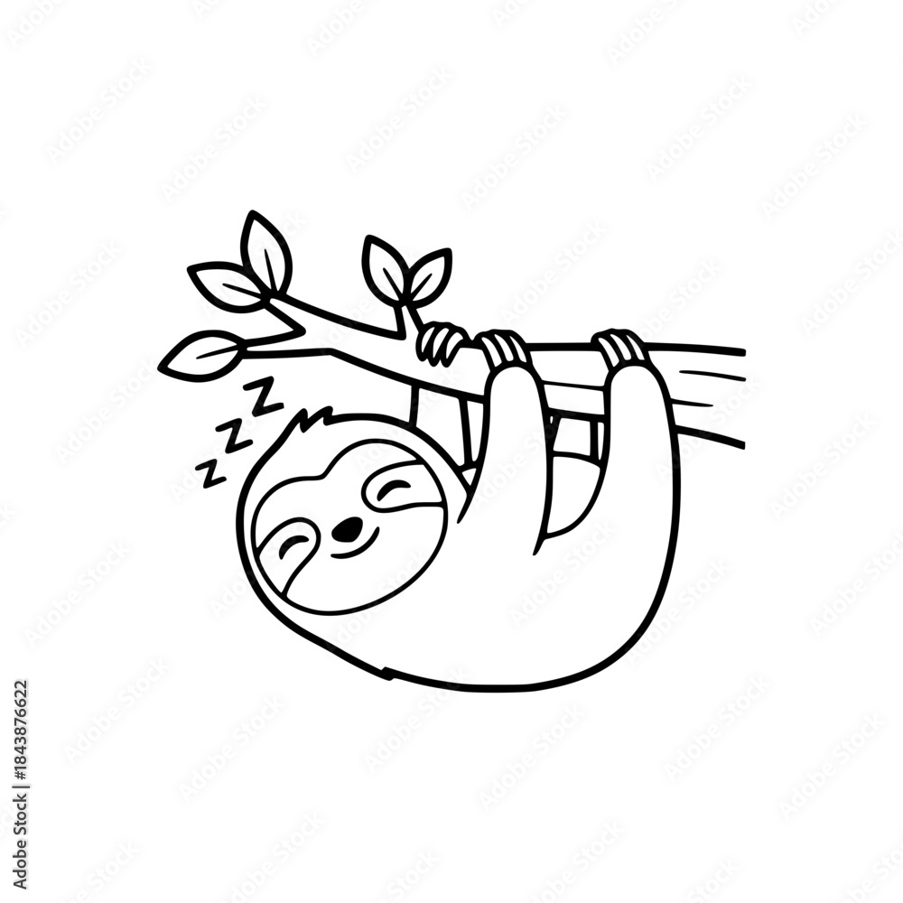 Naklejka premium Sleepy Sloth Line Art. Black and White Vector Icon for Kids' Logo, Relaxed Animal Mascot, Cute/Chill Symbol, or Pajamas/Nursery Decor/Mindfulness Branding Generative ai 