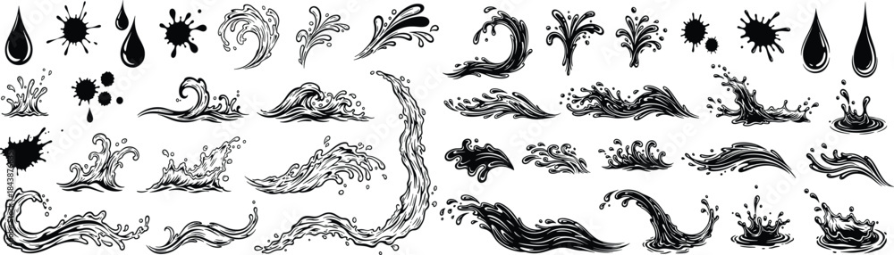Fototapeta premium Set of various black water splash silhouettes and floral ornament elements featuring tribal nature patterns and vintage leaf shapes for vector tattoo design illustration.