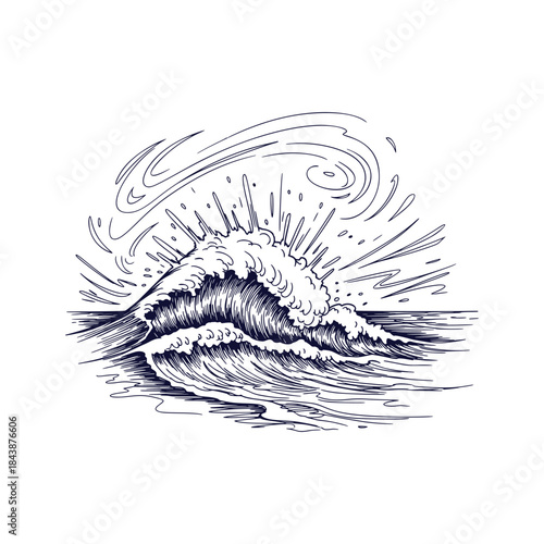 Intense Pounding Ocean Surf Wave Vector Illustration Capturing Summer Beach Vibes Energy