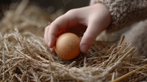 Child hand gently placing, holding, and adjusting a brown egg in a nest of straw for farming, nature, and organic food concepts.