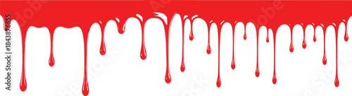 Vibrant red paint splashes and fluid ink drips create a bold vector art background with wet liquid splatters and dripping stains in a creative flowing design.