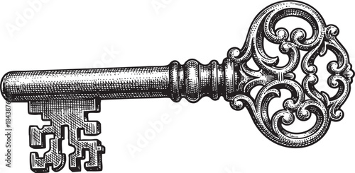 Ornate Skeleton Key Vector Engraving | Vintage Filigree Antique Lock Line Art