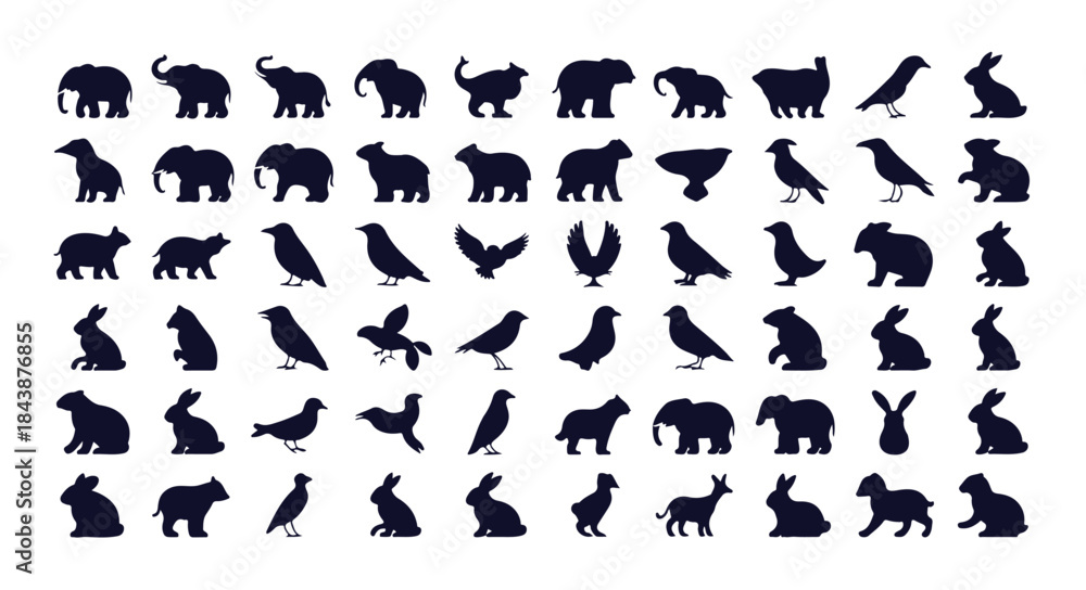 Naklejka premium Set of black animal silhouettes isolated on white background depicting a diverse range of wildlife