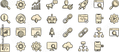 Hand drawn black and white seo icon set featuring search optimization elements on aged paper background
