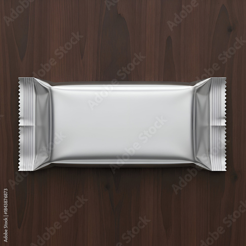 “Silver Foil Snack Bar Wrapper Mockup on Wooden Surface — Minimal Food Packaging Design, Blank Chocolate Bar Wrapper and Product Branding Template”
