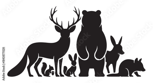 Set of wild animals including deer, bear, fox, rabbit, squirrel, and raccoon silhouettes