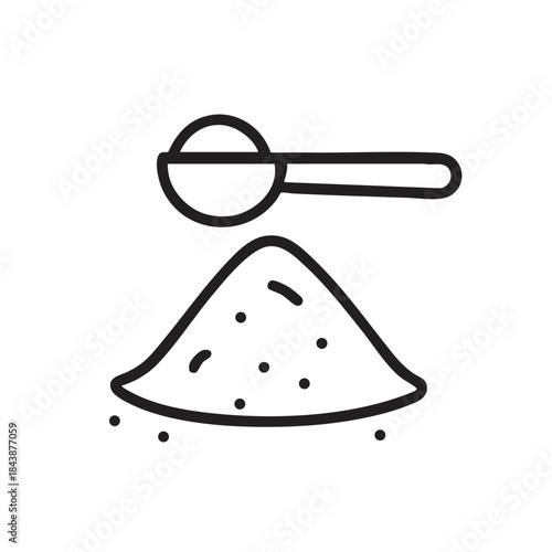 A simple line drawing depicts a scoop over a small pile of granular substance likely sugar or salt