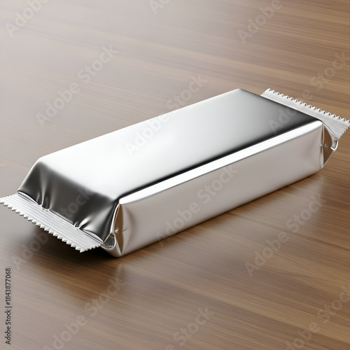 “Silver Foil Snack Bar Wrapper Mockup on Wooden Surface — Minimal Food Packaging Design, Blank Chocolate Bar Wrapper and Product Branding Template”