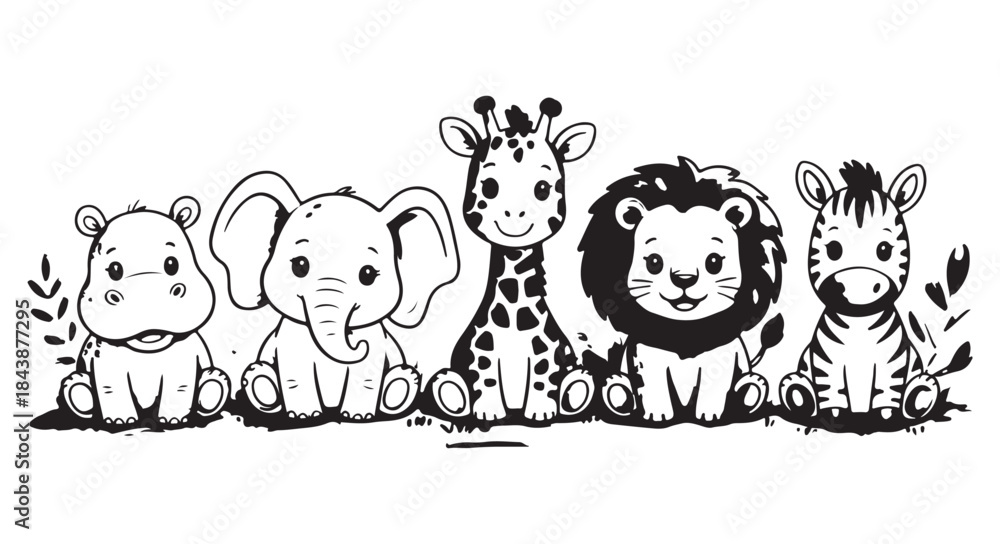 Fototapeta premium Cute safari baby animals black white line art set adorable jungle creatures illustration