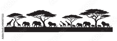 African savanna animals set with trees isolated on white background safari wildlife black silhouettes
