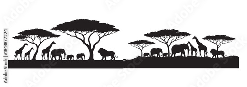 African animals silhouettes with savanna trees set isolated on white background safari wildlife scene