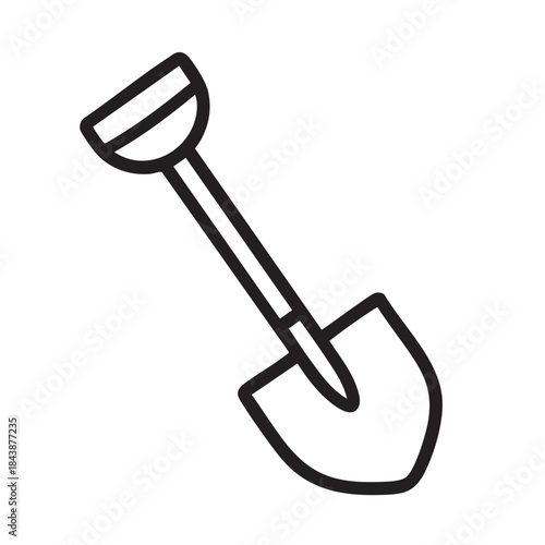 A simple black and white line drawing depicting a garden shovel commonly used for digging and planting