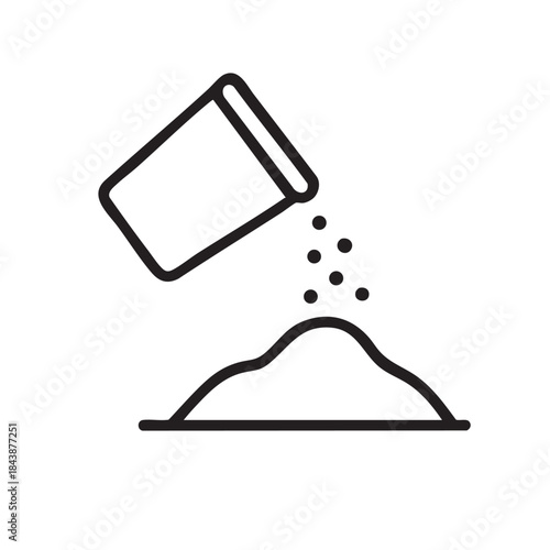 A simple line drawing depicts a container pouring small granules onto a pile of similar material below
