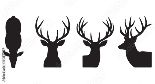 Set of deer head silhouettes with antlers from various angles vector illustration white background