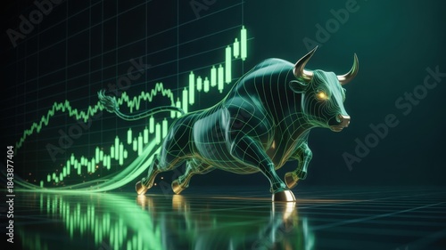 A dynamic bull illustration symbolizing a booming stock market, accompanied by an upward-trending graph, emphasizing financial growth