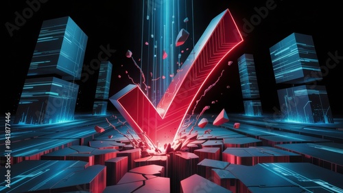 An artistic rendering of a bold red check mark bursting through a digital landscape, symbolizing completion and verification