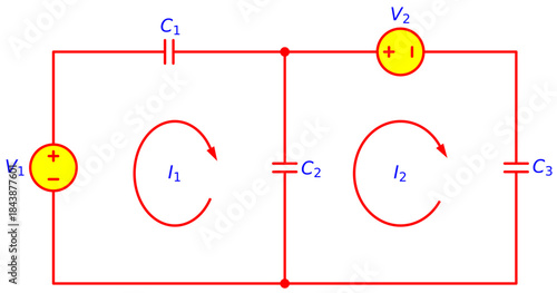 Editable Two Loop Capacitor Circuit with Dual Voltage Sources V1 and V2, Mesh Current Analysis I1 and I2, C1 C2 C3 Electrical Network Theory Schematic Diagram for Engineering Education