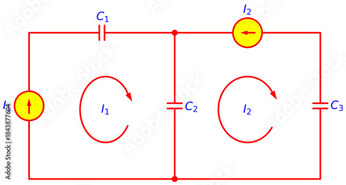 Editable Two Loop Capacitor Circuit with Dual Current Sources I1 and I2, Mesh Current Analysis I1 I2, C1 C2 C3 Electrical Network Theory Schematic Diagram for Engineering Education