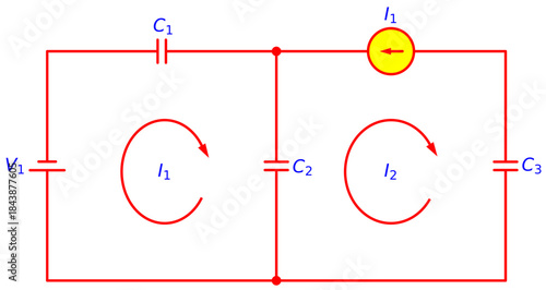 Editable Two Loop Capacitor Circuit with Voltage Source V1 and Current Source I1, Mesh Current Analysis I1 I2, C1 C2 C3 Electrical Network Theory Schematic Diagram for Engineering Education