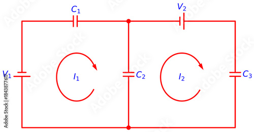 Editable Two Loop Capacitor Circuit with Dual Voltage Sources V1 and V2, Mesh Current Analysis I1 I2, C1 C2 C3 Network Theory Schematic Diagram for Electrical Engineering Education