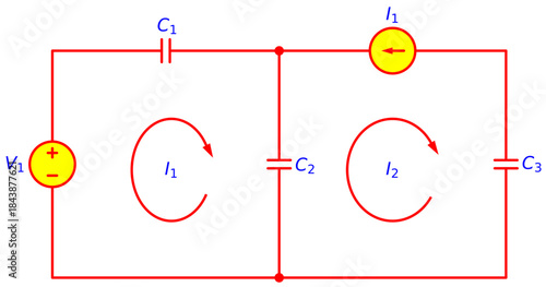 Two Loop Capacitor Circuit with Voltage Source V1 and Current Source I1, Mesh Current Analysis I1 I2, C1 C2 C3 Network Theory Schematic Diagram for Electrical Engineering Education