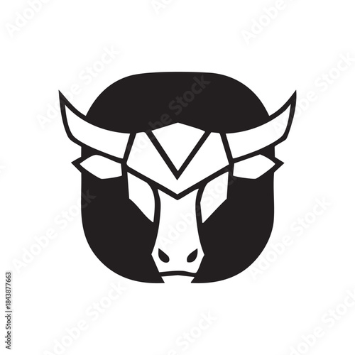A black and white geometric bull head logo design with sharp angles and a strong, modern aesthetic, set against a rounded square background.