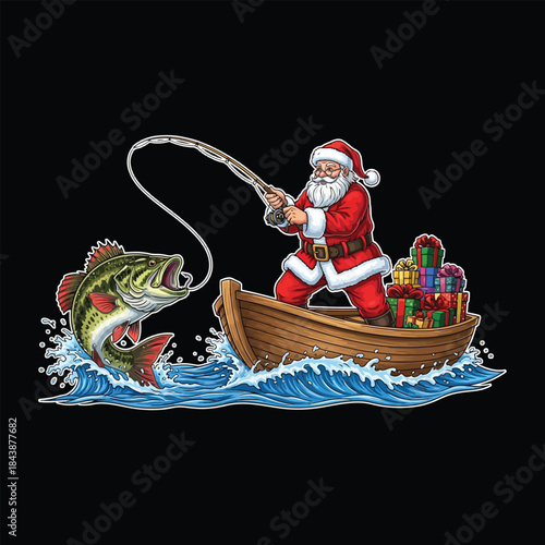 Santa Claus Fishing from Boat with Christmas Gifts