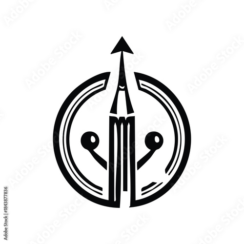 Black and white logo featuring a stylized rocket or arrow pointing upwards, enclosed within a circular emblem with abstract technological elements.