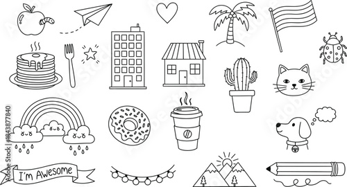 Whimsical line drawings of various objects and symbols