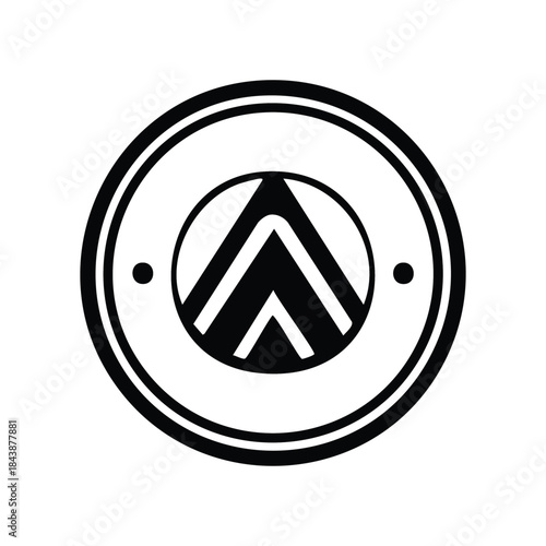 Black and white minimalist geometric logo with a stylized 'A' or arrowhead shape inside a double-lined circle.