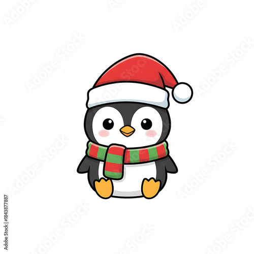 Adorable Penguin in Santa Hat and Scarf – Cute Kawaii Christmas Vector Illustration