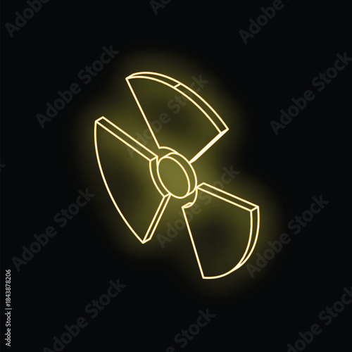 Yellow neon radioactive symbol glowing in the dark on a black background