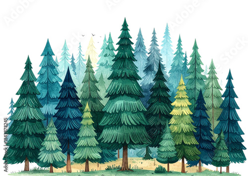 A scenic winter landscape featuring green fir and pine Christmas trees covered in snow within a cold nature forest celebration scene