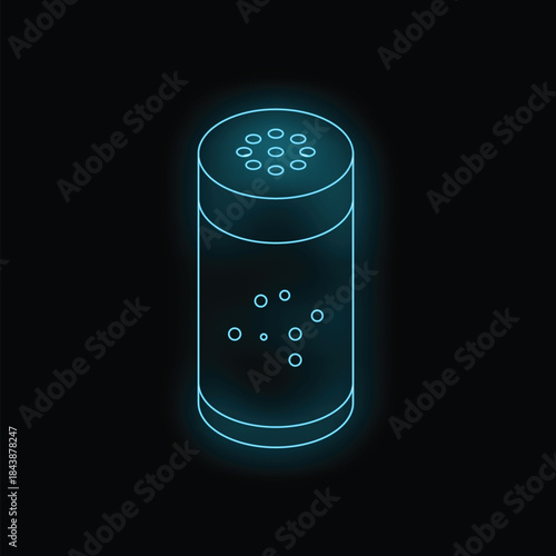Blue glowing neon icon of a smart speaker voice assistant device on a black background