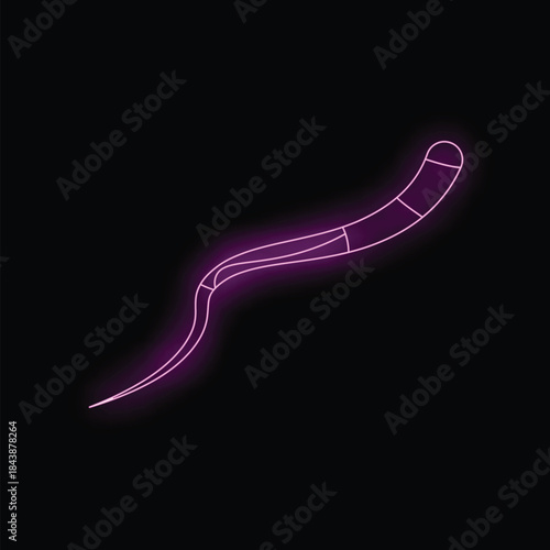 Neon sign showing a cartoon worm glowing purple against a black background