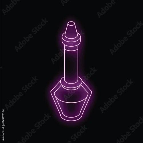 Purple neon sign of a perfume bottle glowing on a black background