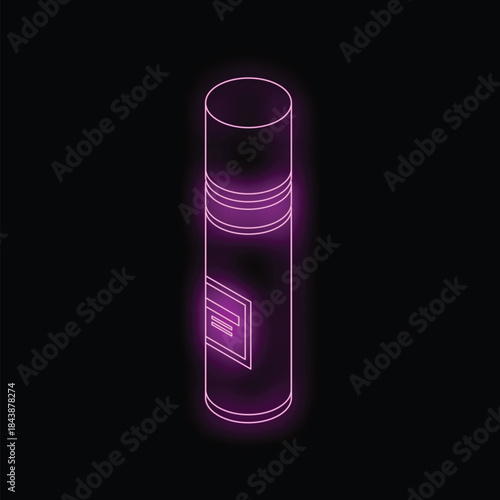 Pink neon sign of a tube of body spray is glowing on a black background