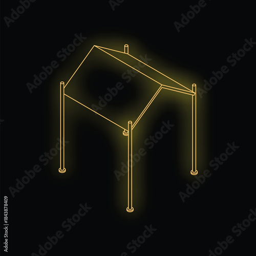 Neon canopy shining on black background representing street cafe terrace, summer vacation and rest concept