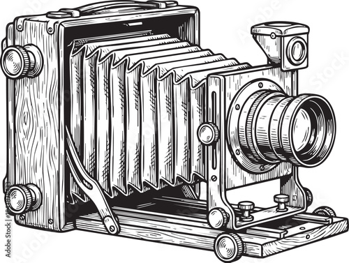 Vintage Foldout Bellows Camera Vector Engraving | Classic Photography Line Art