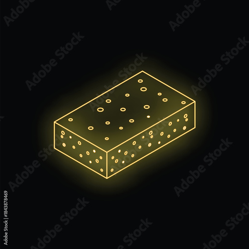 Glowing yellow neon icon of a sponge for washing dishes on a black background