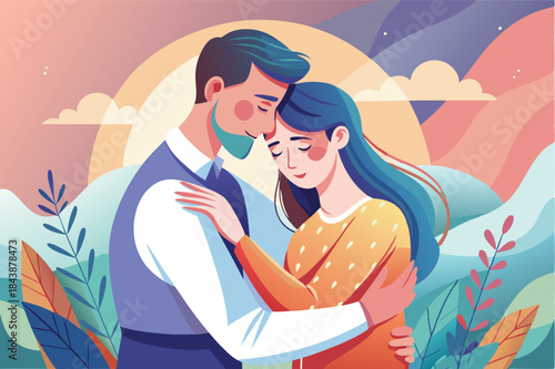 a romantic couple in a gentle hug minimalist