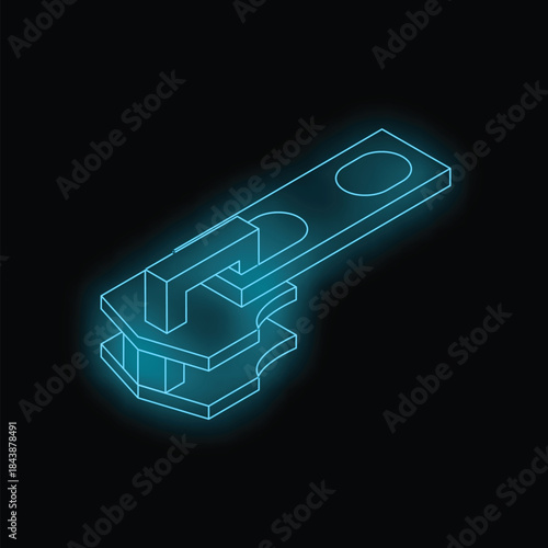 Neon zipper slider glowing blue against a black background, useful for fashion and clothing concepts