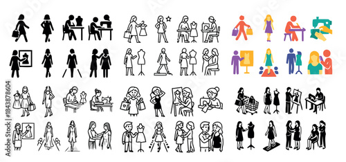 Collection of woman fashion design and designers related line art icons symbol for creative projects on isolated white background