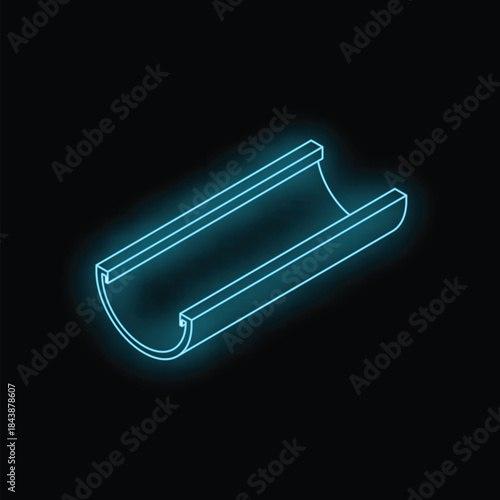 Neon rain gutter glowing blue against a black background, perfect for any concept related to home improvement or construction